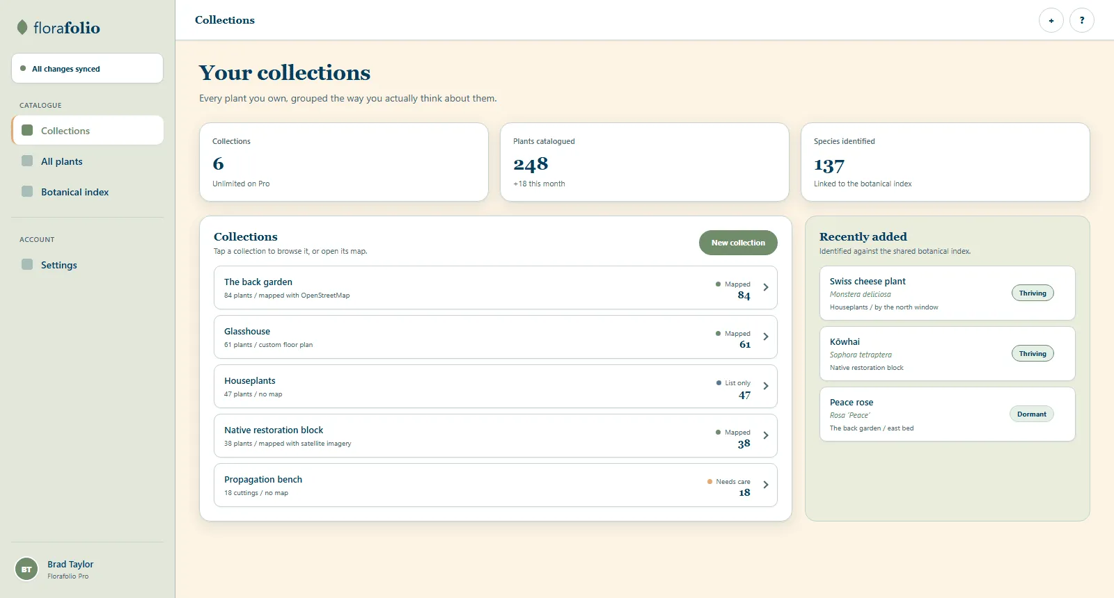Florafolio collections list showing plant counts per collection